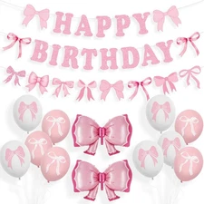 Pink Bow Birthday Party Decorations, Bow Happy Birthday Banner Pink Bow Ballo...