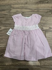 Ralph Lauren Baby Girls Pink Seersucker Dress White Crochet Belt 12M NWT