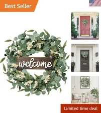 20-Inch Green Eucalyptus Wreath with Welcome Sign - Perfect for Spring & Summer