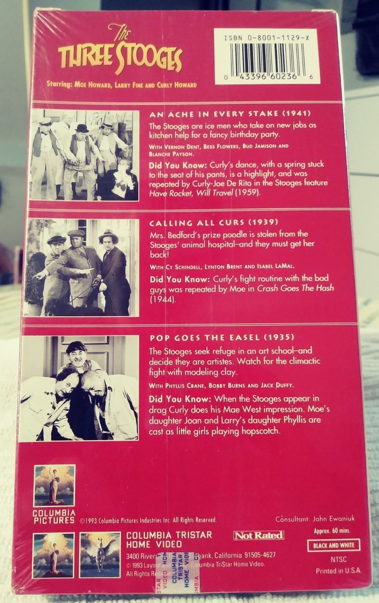 VHS-The Three/3 Stooges AN ACHE IN EVERY STAKE-CALLING ALL CURS-POP GOES  EASEL