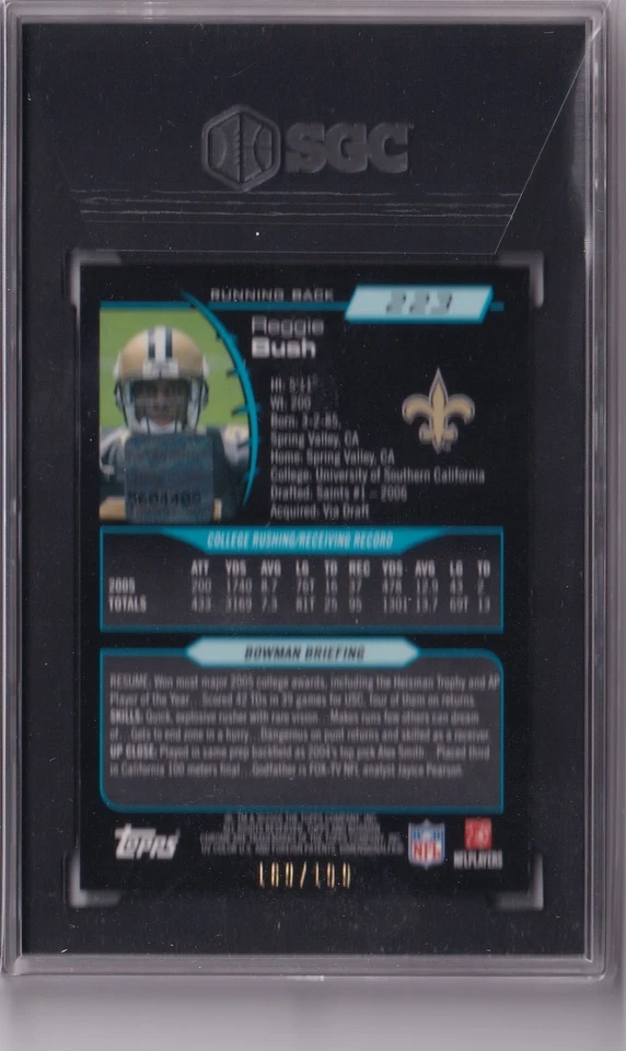 Reggie Bush 2006 Bowman Chrome AUTOGRAPH ROOKIE RC #169/199 - SGC 9 (10 Auto) - Image 2 of 2