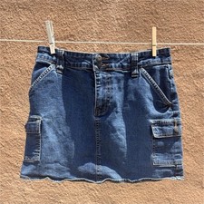 Vintage Y2K Old Navy Women  s Blue Solid Denim Cargo Mini Skirt Stretch Pockets