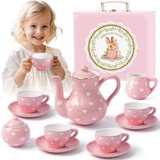 Porcelain Tea Party Set for Little Girls, Kids, Toddlers - 13Pcs Pink Heart C...