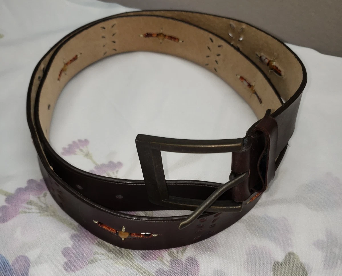 VTG 70s House Of Oppenheim Hair On Hide Statement Belt 26-29 Western Boho Original Vintage 60s 70s Boho Dark Green Plastic Tile Belt W  main image 2