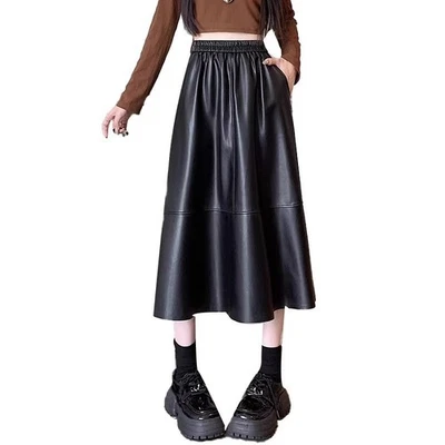 Damen Kunstleder Rock Midi Hohe Taille Plissiert Freizeit A-Linie Punk Party - Bild 1 von 4