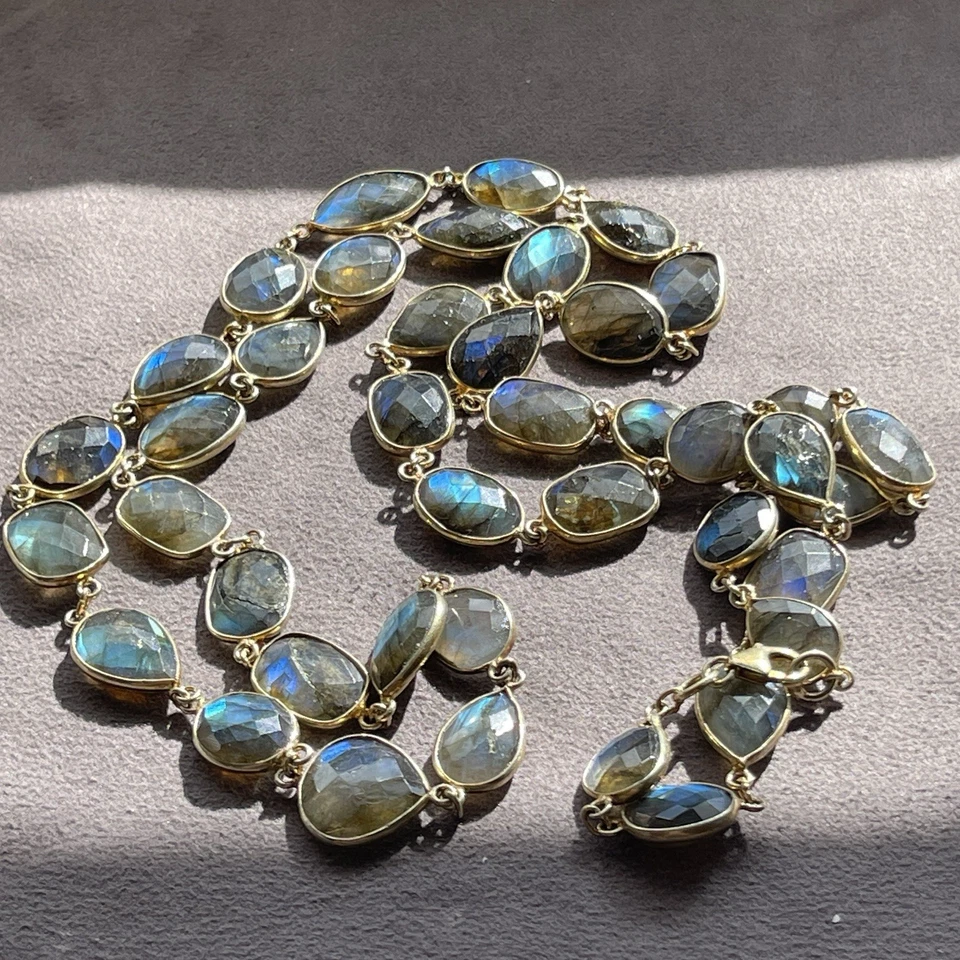 Gorgeous Top Quality Flashy Blue Labradorite Gold Sterling Chain Necklace - Image 4 of 4