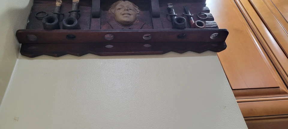 Vintage Pipe Holder Wall Carved Peacan Maple 1890s Mission Art Crafts Walnut ? - Image 4 of 4