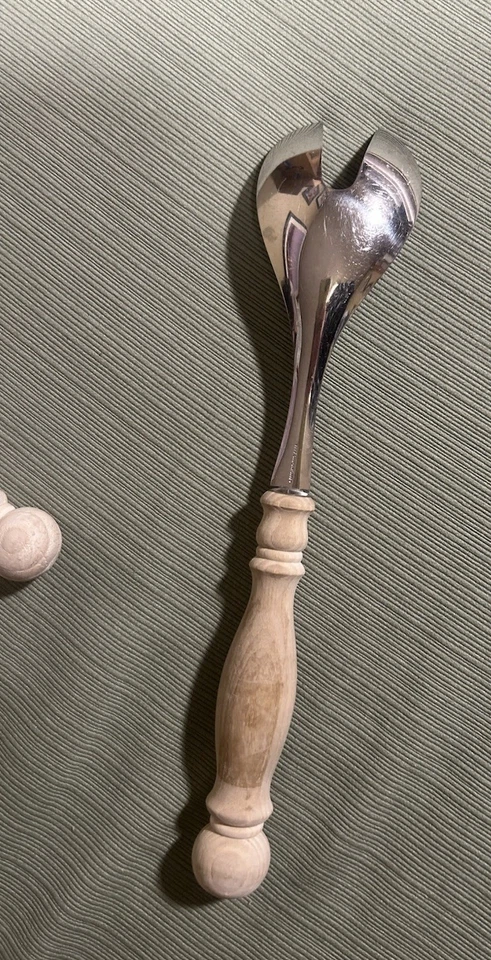 Vintage 11" Set of 2 WMF Cromargan Wood Handle Serving Spoon And Fork - Image 2 of 4