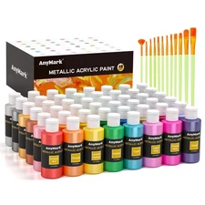 Metallic Acrylic Paint, 48 Colors with 12 Brushes, 2 fl oz/60ml Bottles, Glit...