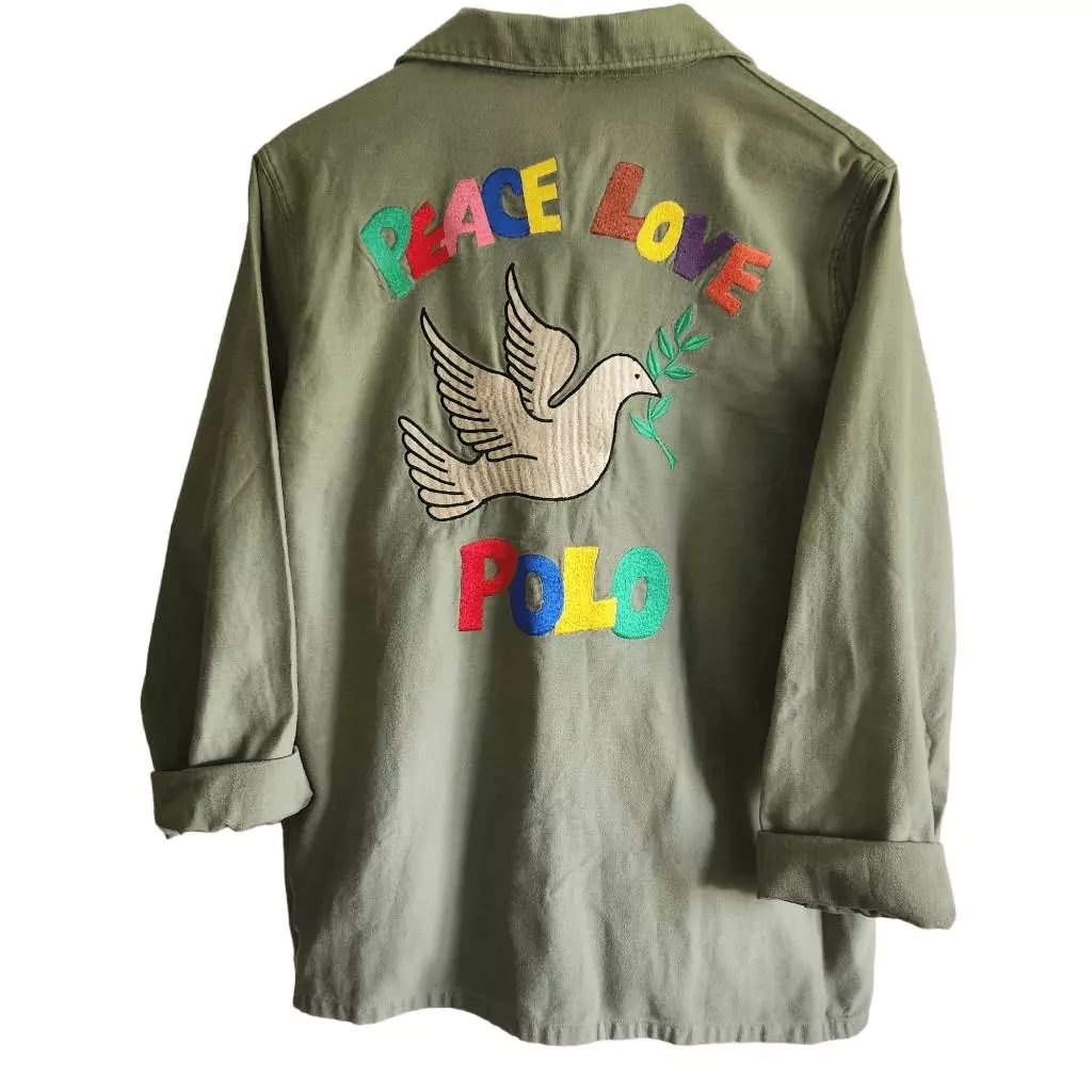 Polo Ralph Lauren Jacket Shirt Womens Large Military Peace Love Embroidered