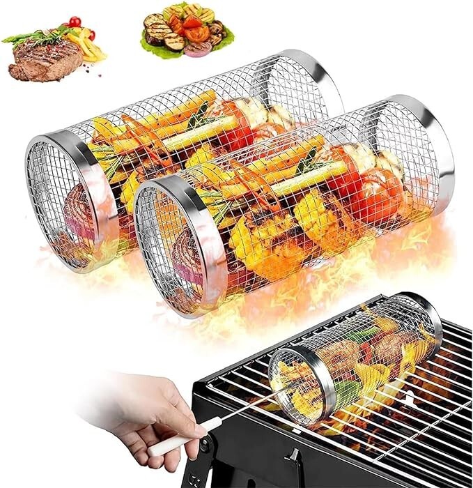 2PCS BBQ Net Tube Rolling BBQ Grilling Basket Round Stainless