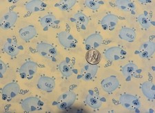 100 Cotton Shades of Blue Pigs On Pale Yellow Background - By the Yard