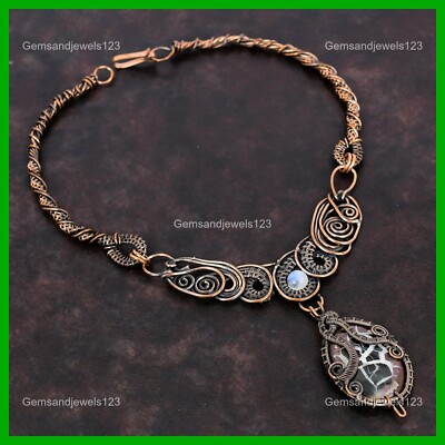 Natural Moroccan Mud Crack Fossil Rainbow Moonstone Copper Chain Hook Necklace