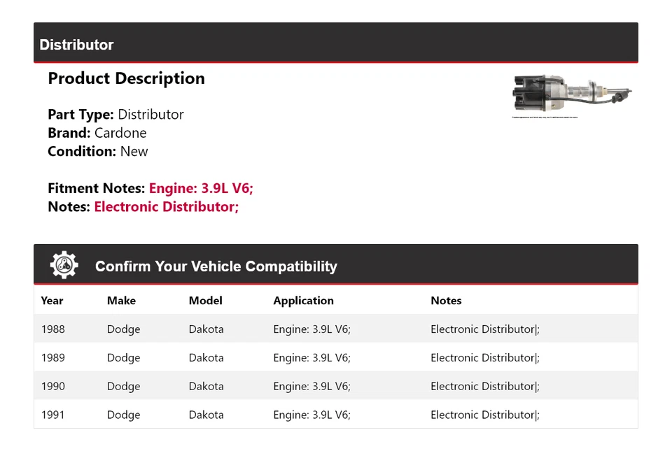 For 1988-1991 Dodge Dakota 3.9L V6 Distributor Cardone 1989 1990 - Image 2 of 4