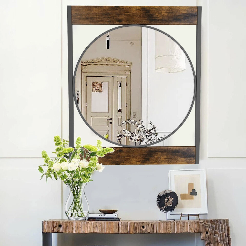 Round Wall Mirror w/ Rectangular Frame for Bathroom Living Room Entryway Bedroom - Image 3 of 4