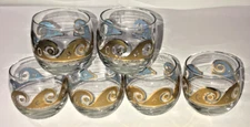 6 Georges Briard WAVE Gold & Blue "Roly Poly" Cocktail Glasses Set of 6 MCM
