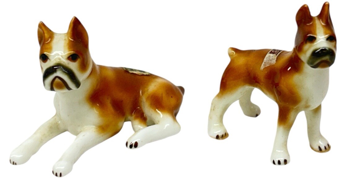 Vintage Brinnco Japan Bone China Boxer Dog Figurines Fawn White Black Mask
