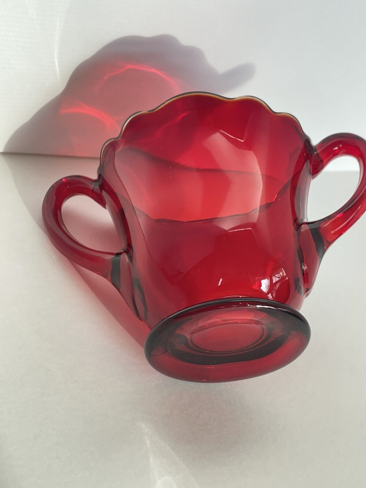 VTG Ruby Red Glass Open Sugar / Spooner Scalloped Rim Edge Footed Rare ...