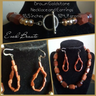 HANDMADE BROWN GOLDSTONE NECKLACE AND EARRINGS