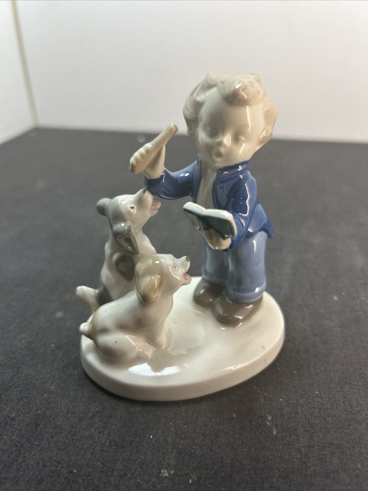 Vtg Boy Teaching Puppies Porcelain Figurine Blue/ White Hummel Crown Mark 1 GDR