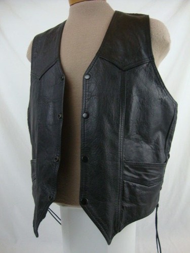 Bikers Leather Stuff Vest Mens Size 46 Black Tie Sides 4 Pocket Street Rider - Picture 7 of 8