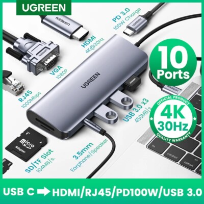 10-in-1 USB C Hub with HDMI 4K, VGA, PD 100W for MacBook, iPad