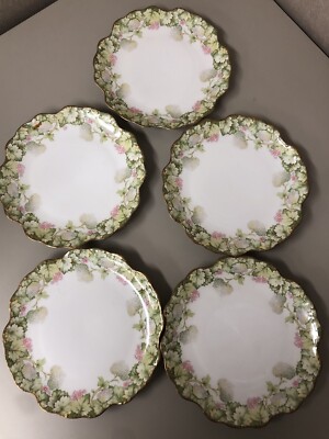 5 VTG ELITE S M LIMOGES PLATE W/HAND PAINTED GREEN GOLD TRIM HYDRANGEAS