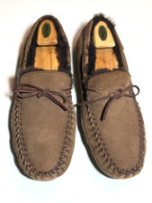 L.L. Bean Men's Brown Suede Moccasin Slippers Size 12 Shearling Lined Sole NEW