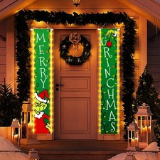 Christmas Decorations Santa Grinch Merry Grinchmas Door Banner LED Lights 12x72"