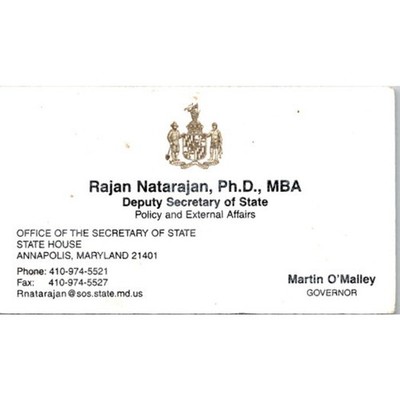 Rajan Natarajan PhD MBA Deputy Sec Of State Annapolis MD Business Card STB7-BC15