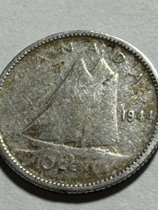 1941 Canada 10 Cents Silver Coin King George VI 0.800 Silver