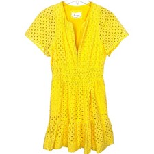 Anthropologie Somerset Eyelet Mini Dress Yellow V-Neck Short Sleeve Size Small