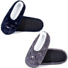2 Pairs Slippers for Women, Cat Slipper Socks with Grippers Indoor, Non Slip ...