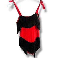 Salsa  Jazz Flapper Dance Costume Red Leotard Black Fringe Tassel Bodysuit Sz S