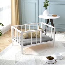 Dog Bed with Rails - Elevated Pet Metal Bed Frame with Solid Wood Board and W...