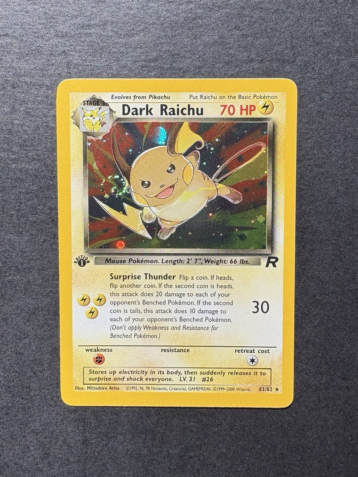 MINT 1st Edition HOLO SWIRL Dark Raichu, Pokémon Team Rocket, 83/82