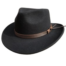 Black Crushable Wool Felt Mens Fedora Outback Western Outdoor Hat 7 1/8 Black