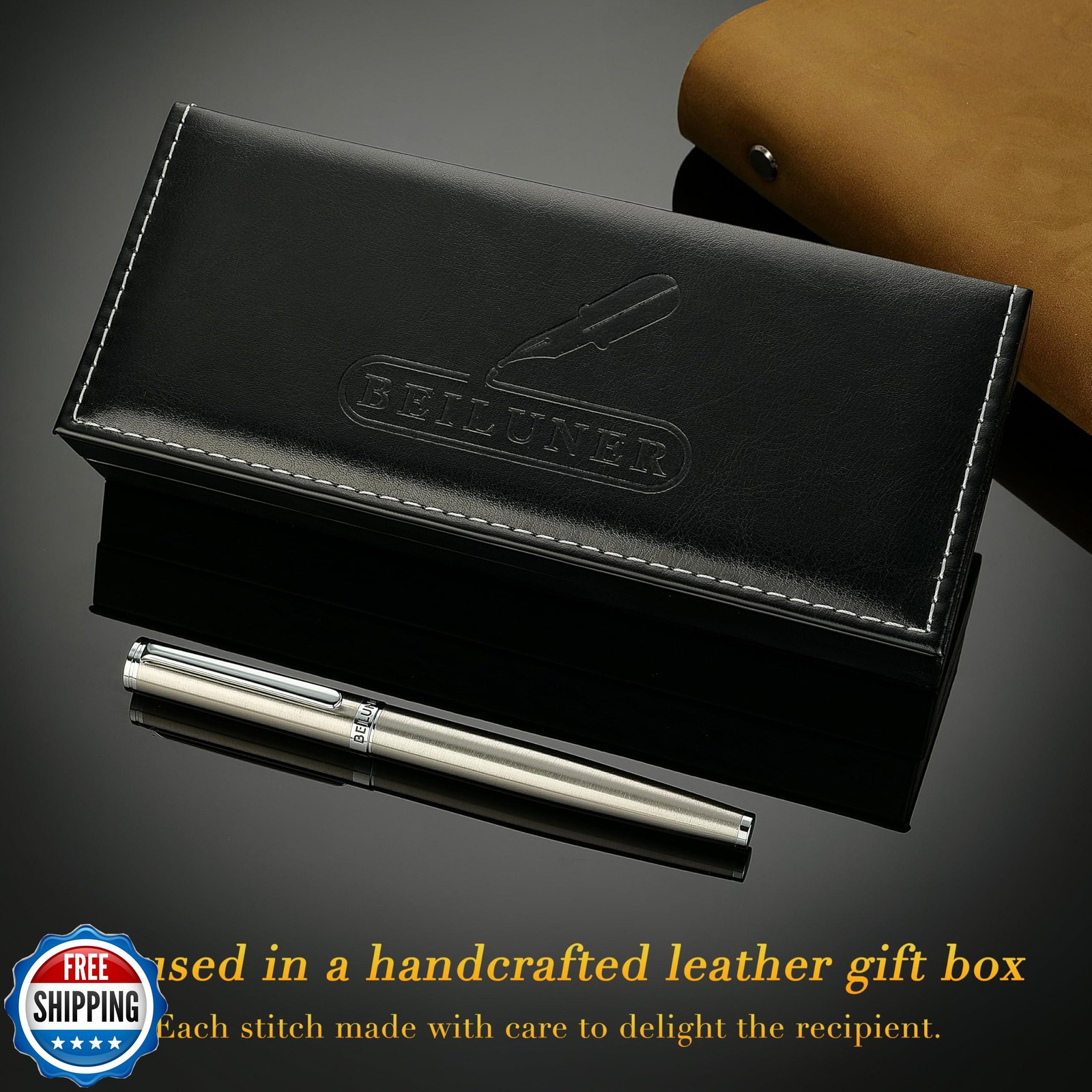 BEILUNER Luxury Fountain Pen Set, Solid 24K Gilded Fine Nib, Silver Stainless