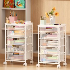 Utility Cart with 5 Drawers, Rolling Storage Cart with Wooden Tabletop and Lo...