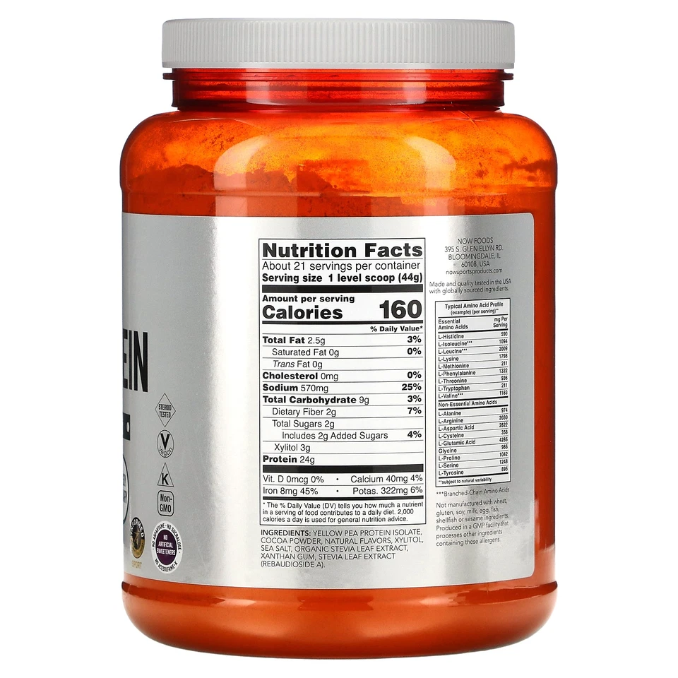 Now Foods Sports Pea Protein Dutch Chocolate 2 lbs 907 g Dairy-Free, GMP Quality - Image 2 of 3