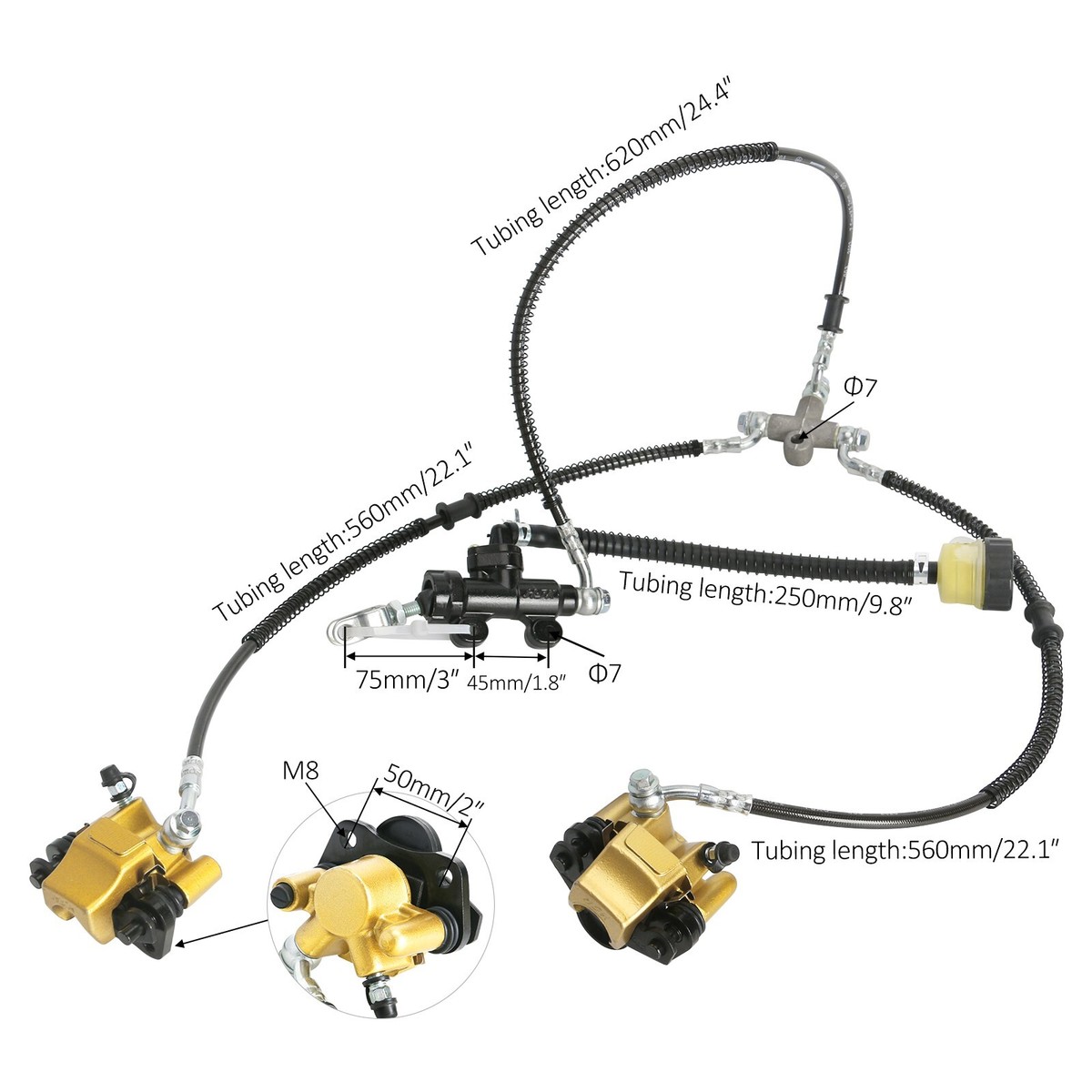 ATV Hydraulic Brake Assembly - Master Cylinder & Caliper Set For 50cc To 250cc Go Karts, Quads & Dirt Bikes, Includes Brake Light Switch (Blue) - View #6