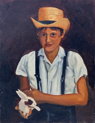 URSULINE CONVENT ART SISTER ELIZABETH KOHLER NAIVE OIL PAINTING BOY WITH RABBIT