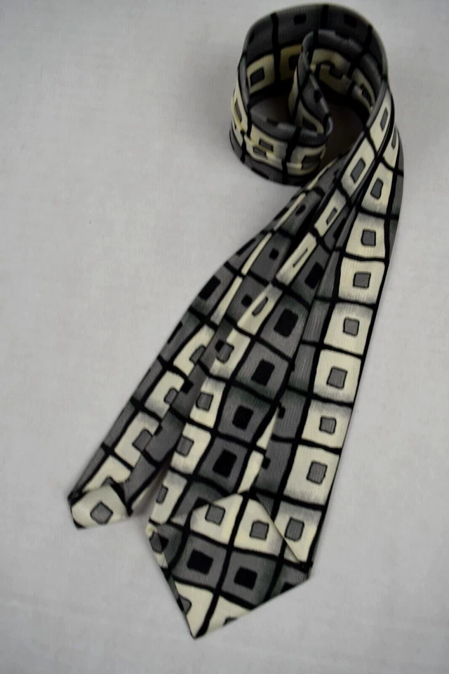 Neck Tie VTG Hand Made 30s Short Tie Black Gray Ivory Rayon or Silk Tie 29" x 3" - Image 3 of 4