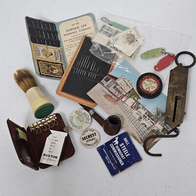 Grandpas Junk Drawer Lot Of Vintage Odds & Ends Collectibles Pipe Shaving Brush 