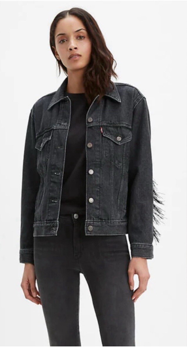 Levis Western Fringe Trucker Jean Jacket Black Denim Size L