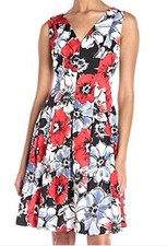 Anne Klein 10608026 Atlantic Blue Combo Floral Stretch Fit & Flare Dress  - $119