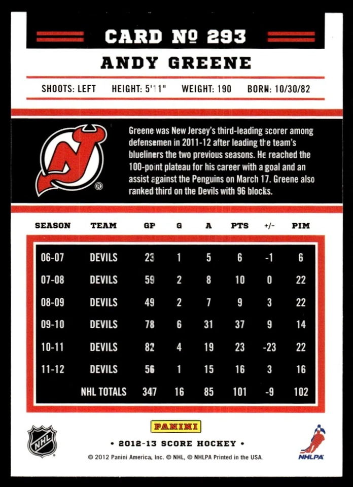 2012-13 Score Glod Rush Andy Greene New Jersey Devils #293 - Image 2 of 2