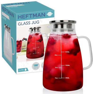 HEFTMAN 2L Glass Jug Pitcher Lid Heat Resistant Borosilicate Cocktail Water  Hot | eBay