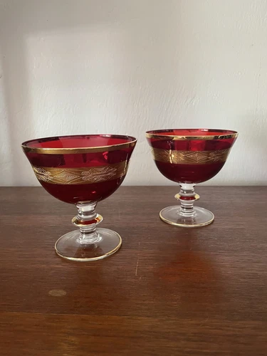 Vintage Vetri Artistici Murano 24kt. Gold Ruby Red Footed Glass Bowls Compote