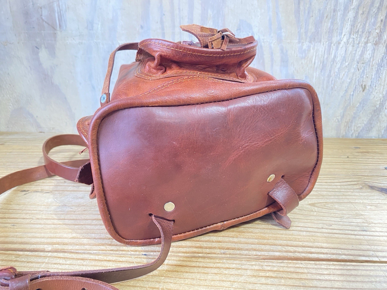 Handmade Small Brown Leather Drawstring Back Pack… - image 7